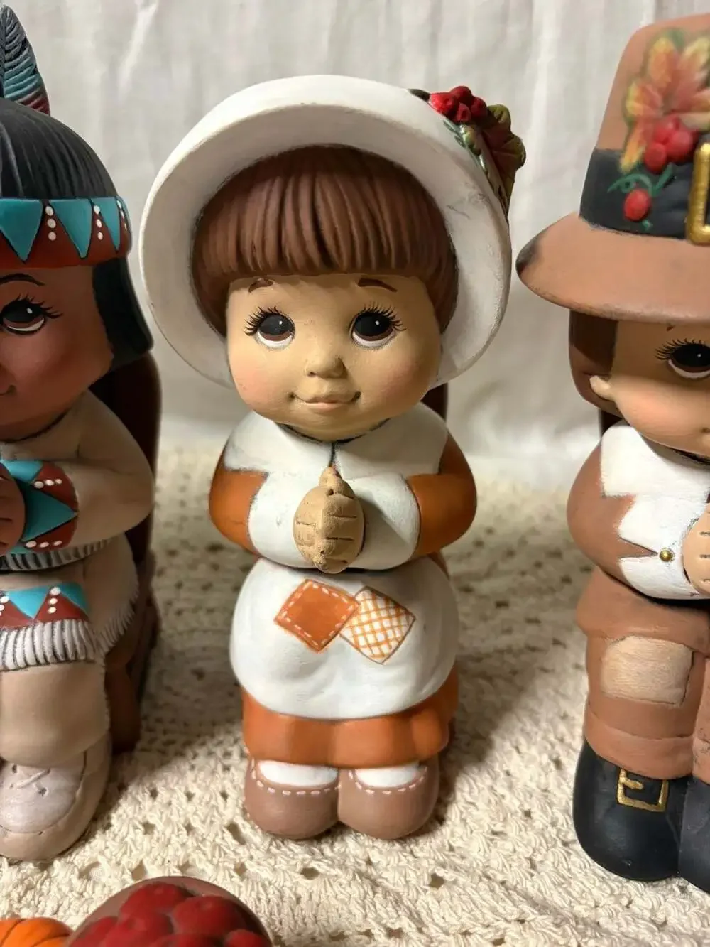 Vintage Thanksgiving Ceramic Figurine Set Pilgrim and Native American Children